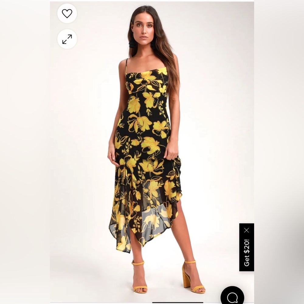 C/MEO On and Off Black and Yellow Floral Print Asymmetrical Midi Dress Sz Large - Picture 6 of 15